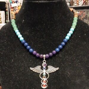 Multi Gemstone Beaded Seven Chakra Angel Wing Necklace (18-20 Inches)